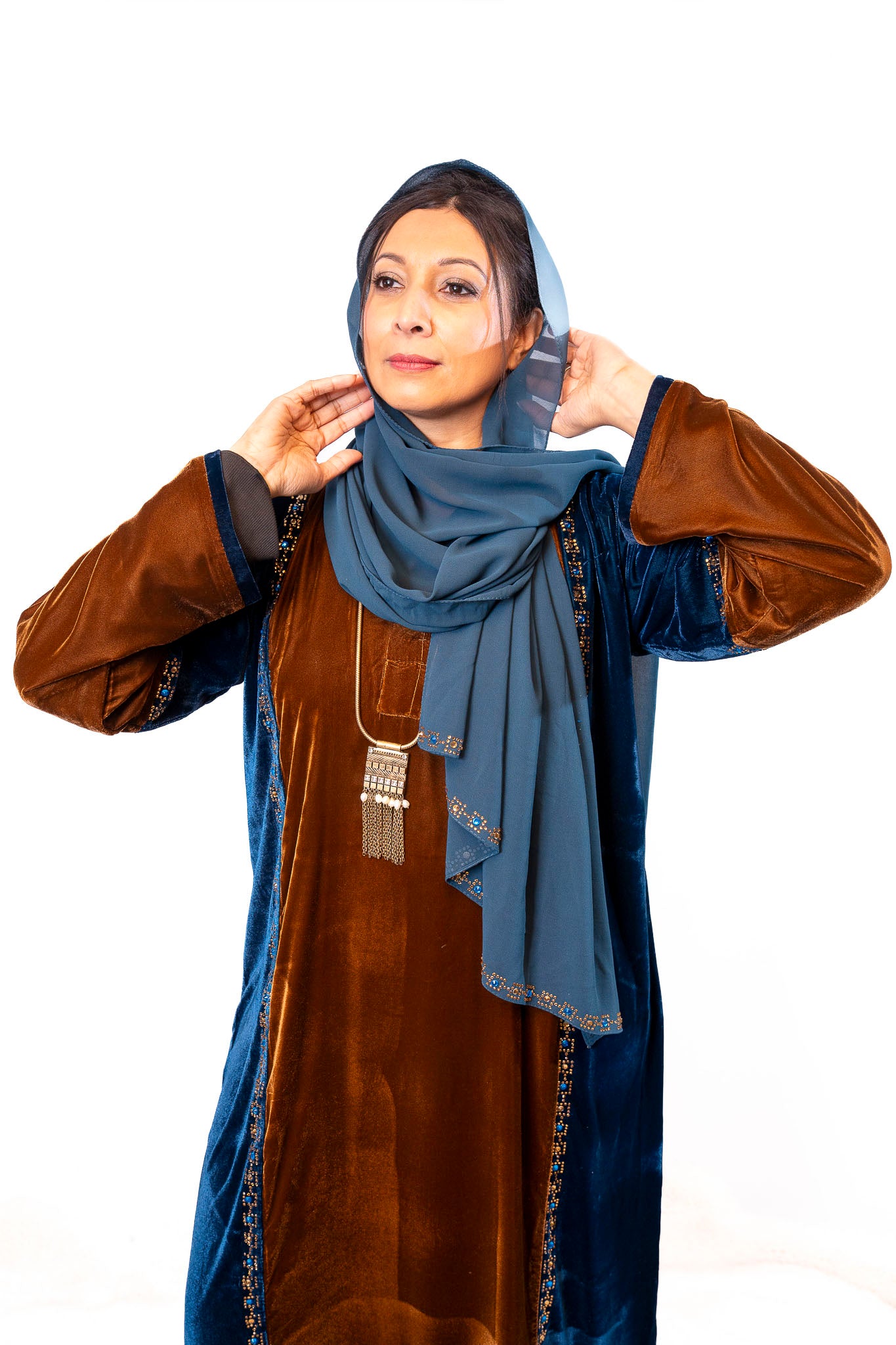 Peacock & Chocolate Luxe Velvet Color-Block Abaya