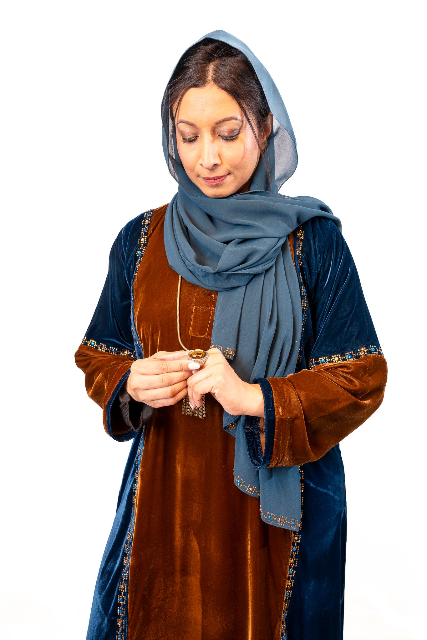 Peacock & Chocolate Luxe Velvet Color-Block Abaya