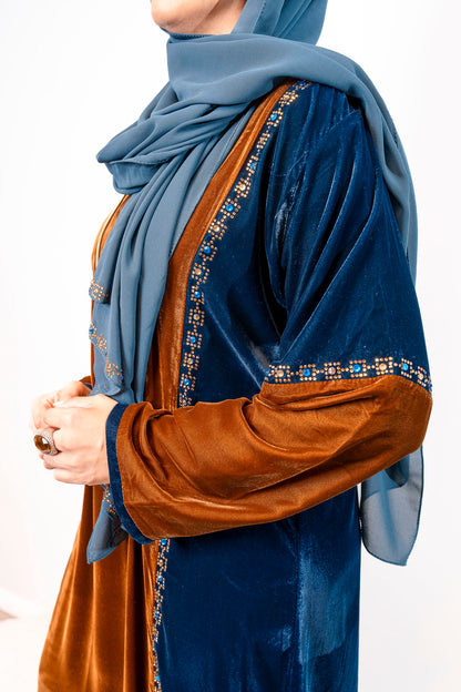 Peacock & Chocolate Luxe Velvet Color-Block Abaya