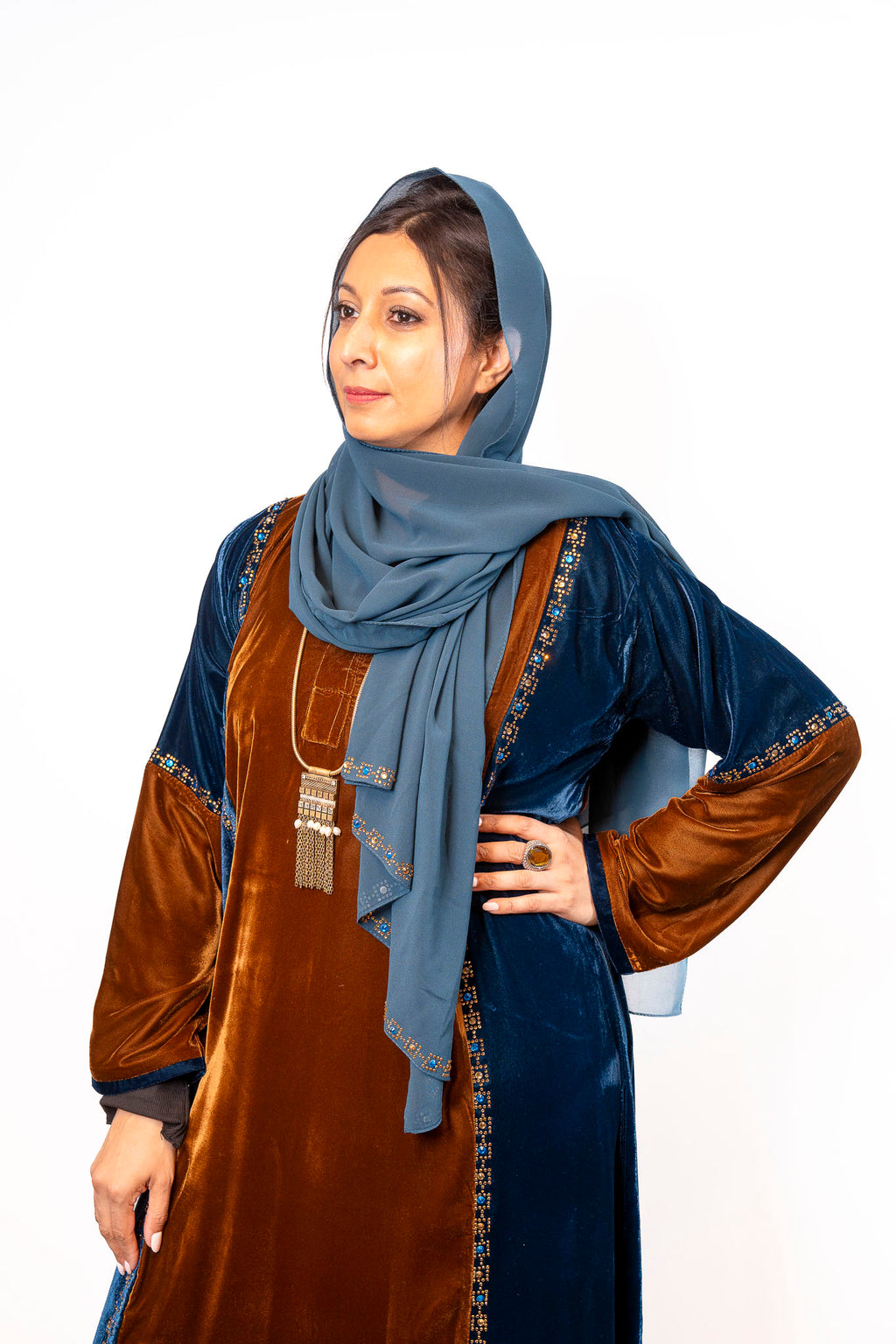 Peacock & Chocolate Luxe Velvet Color-Block Abaya