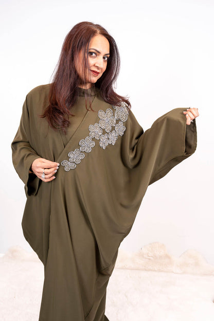 Army Green Handwork Abaya with Top and Pant