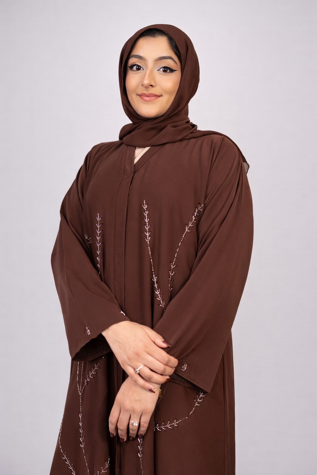 Chocolate Truffle Leafy Vine Abaya Set (3-Piece)