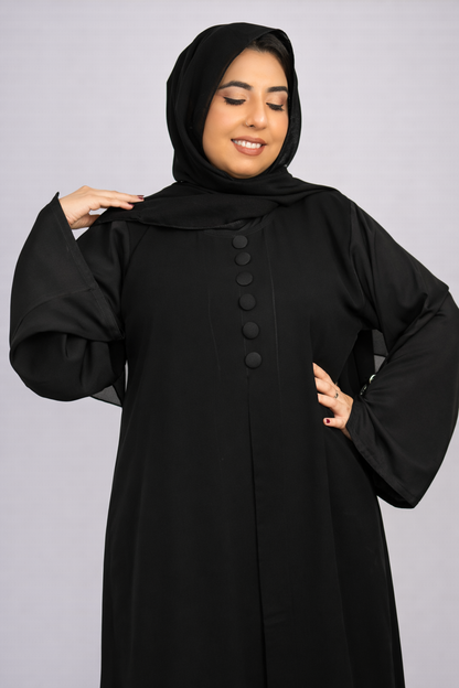 Classic Black Double-Layer Button-Detail Abaya with Matching Hijab
