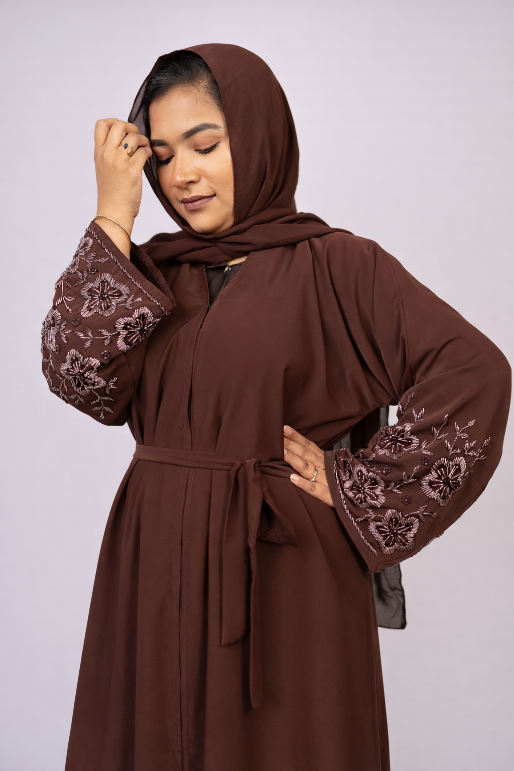 Dazzling Deep Brown Open-Front Abaya with Embroidered Sleeves & Belt