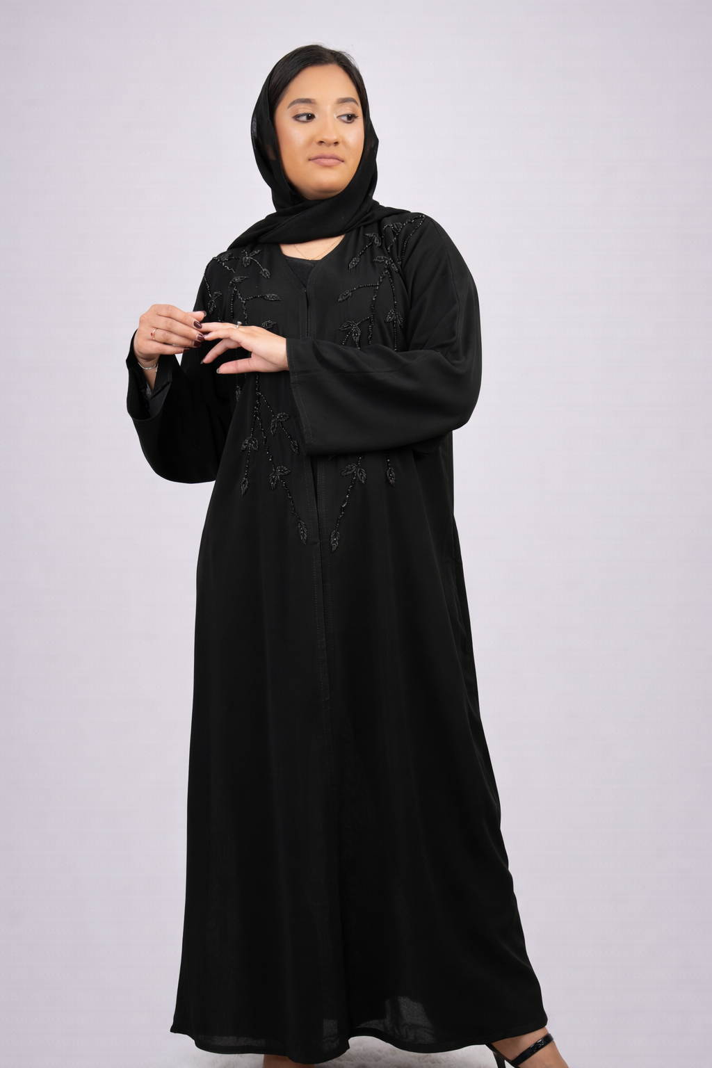 Elegant Black Chiffon Georgette Abaya with Intricate Bead Embroidery