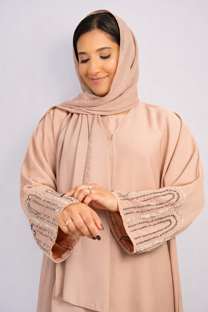Elegant Blush Nude Abaya with Embellished Sleeves