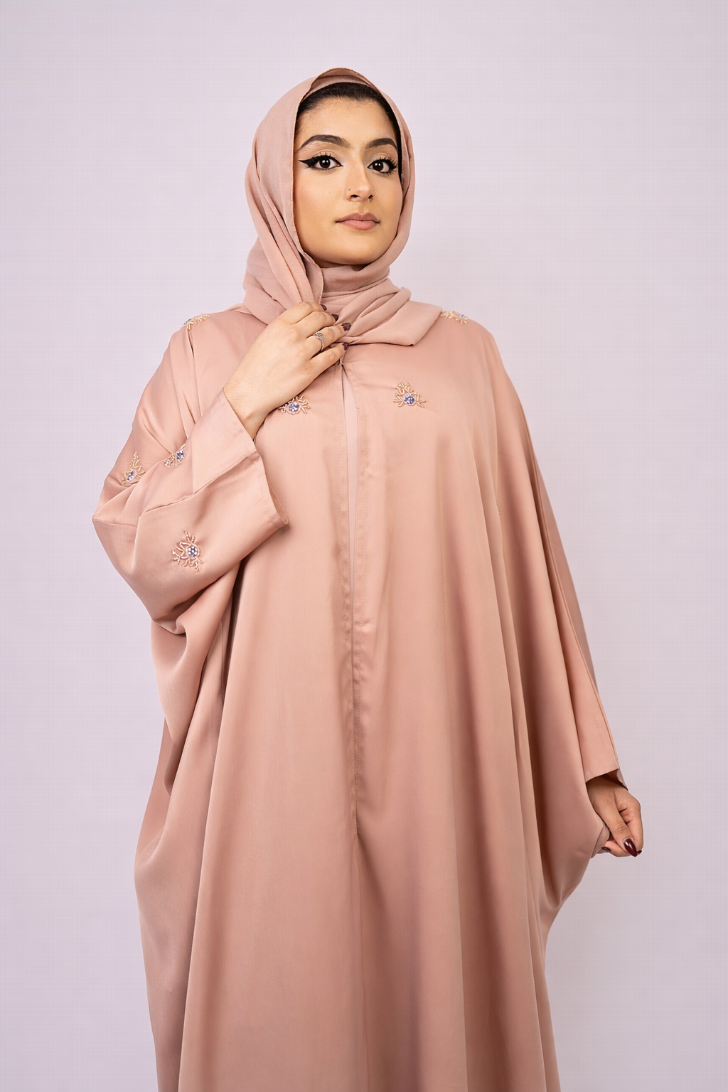 Nude Beige Farasha-Style Flowy Abaya Set (3-Piece)
