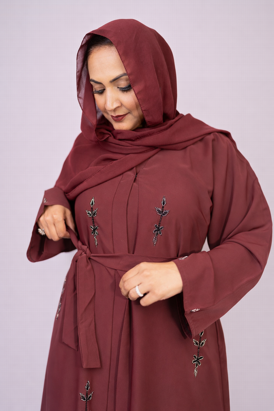 Maroon Majesty Leafy Embellished Abaya Set (3-Piece)