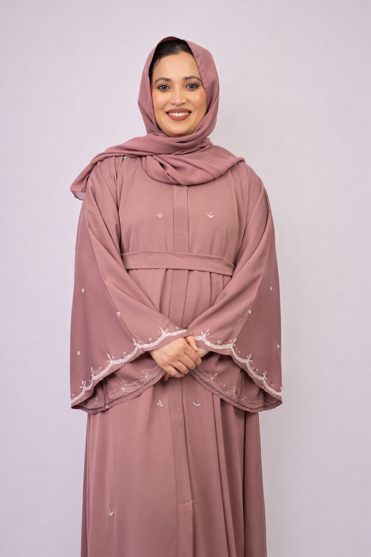 Mauve Umbrella-Cut Embellished Abaya Set (3-Piece)