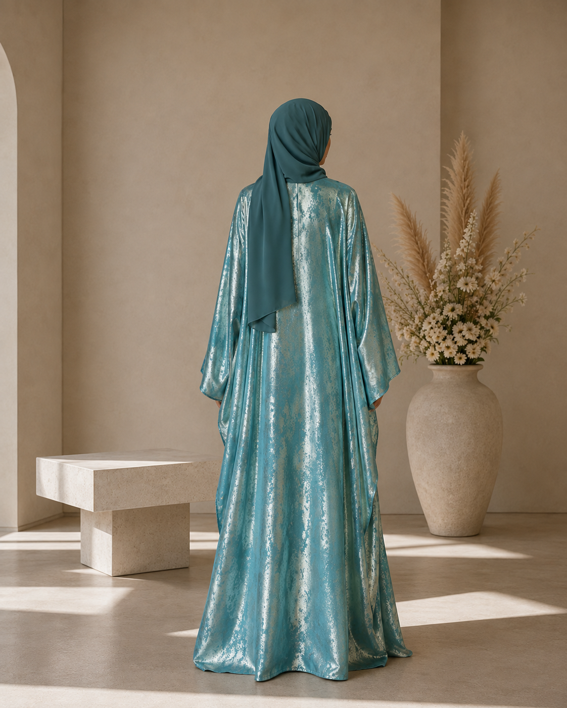 Pastel Blue Foil Fabric Kaftan Abaya