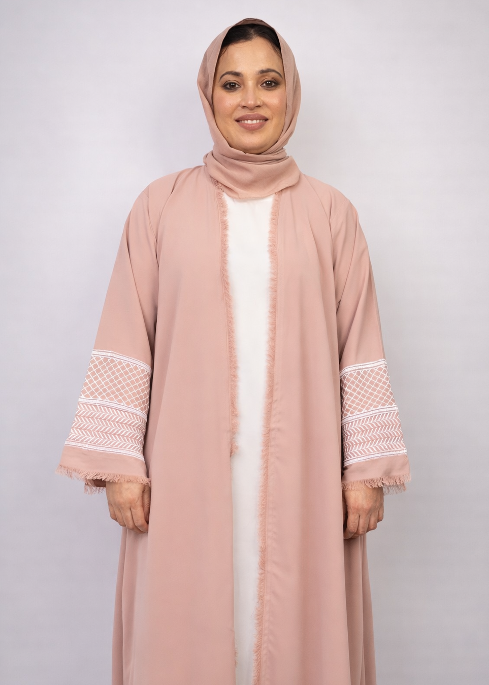 Beautiful Peachy Pink Open-Front Abaya with Fringe Detailing with Keffiyeh Embroidered