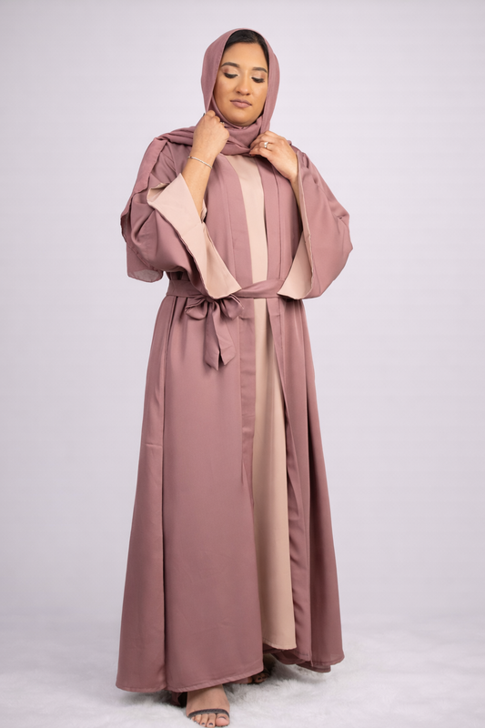 Chic 3-Piece Mauve Abaya Set with Nude Pink Inner, Front-Open Design, with Matching Hijab and Belt