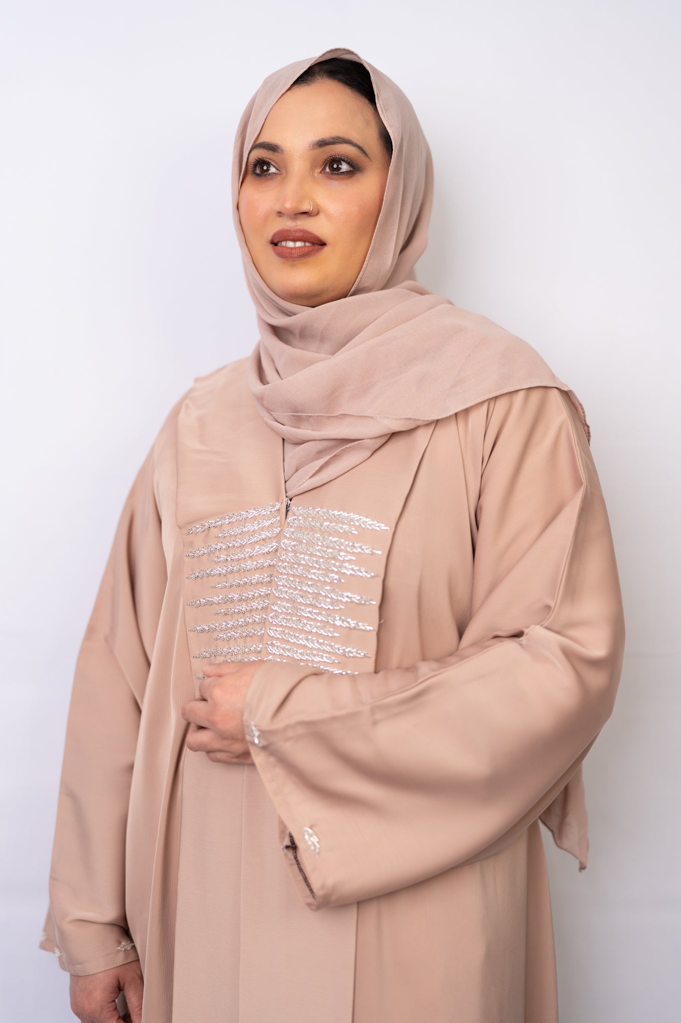 Exquisite Beige Zoom Fabric Abaya with Crystal Bead Handwork & Flowy Sleeves