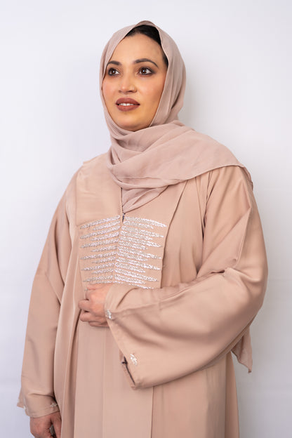 Exquisite Beige Zoom Fabric Abaya with Crystal Bead Handwork & Flowy Sleeves