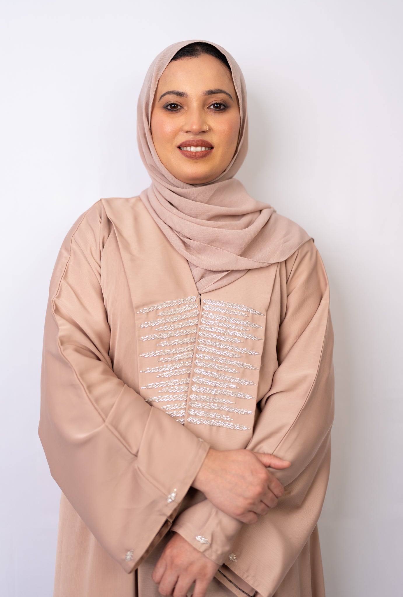 Exquisite Beige Zoom Fabric Abaya with Crystal Bead Handwork & Flowy Sleeves