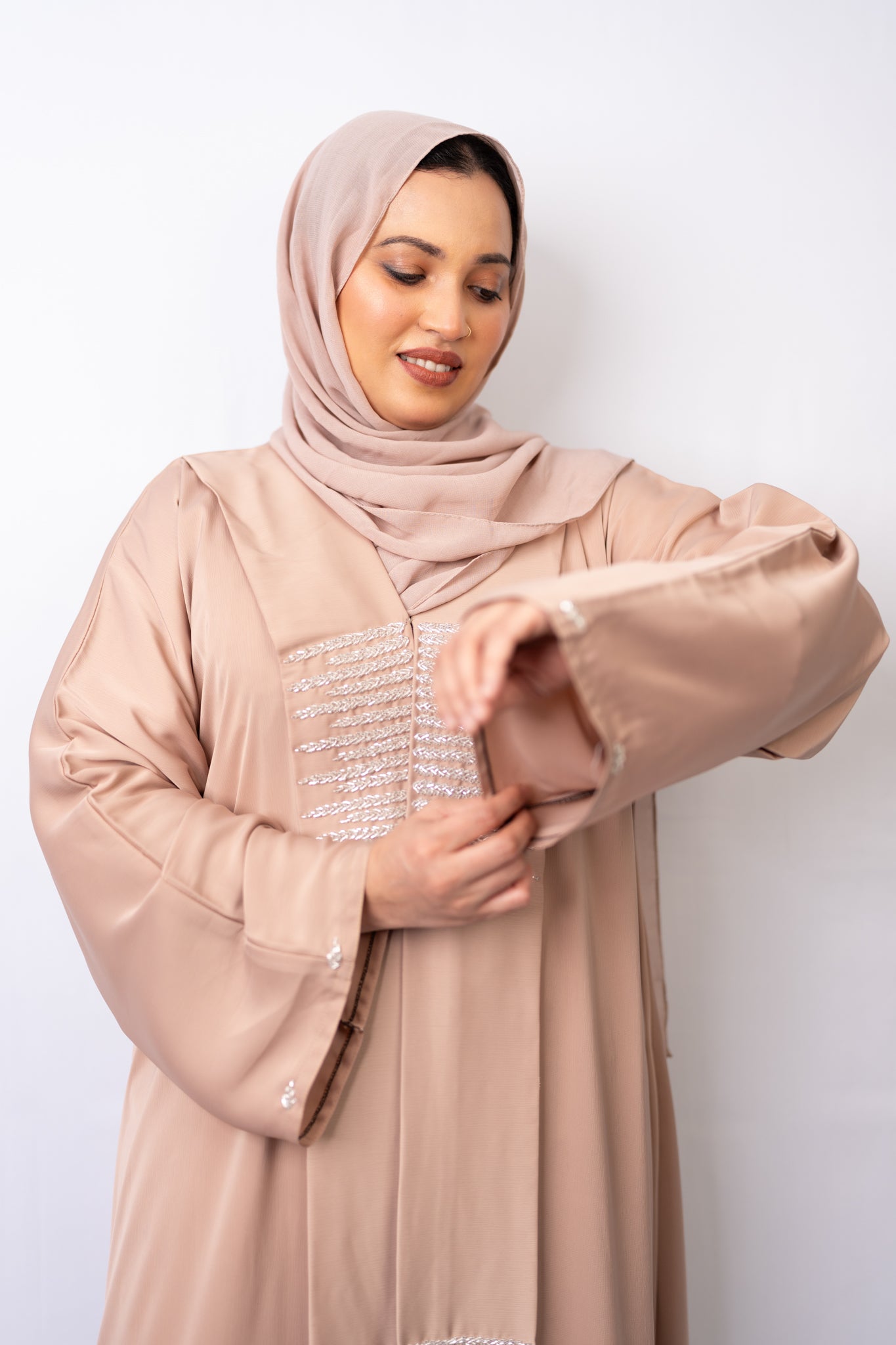 Exquisite Beige Zoom Fabric Abaya with Crystal Bead Handwork & Flowy Sleeves