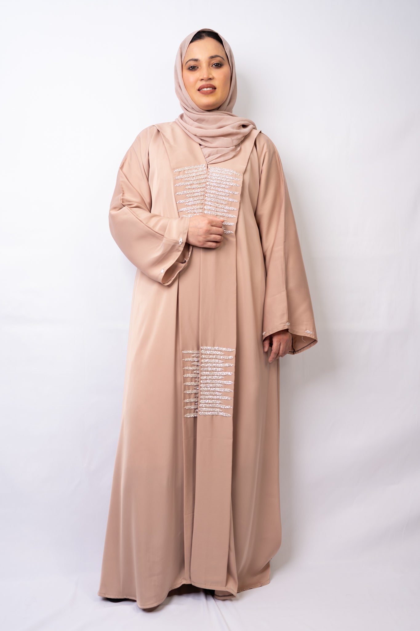Exquisite Beige Zoom Fabric Abaya with Crystal Bead Handwork & Flowy Sleeves
