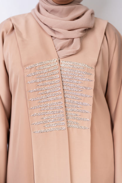 Exquisite Beige Zoom Fabric Abaya with Crystal Bead Handwork & Flowy Sleeves