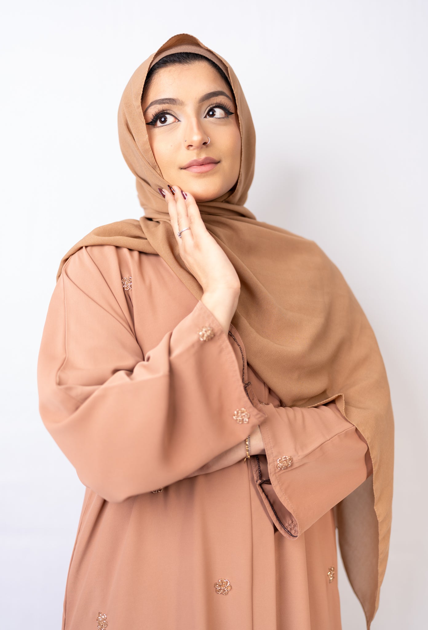 Serene Nude Abaya: Floral Crystal Embellished Edition