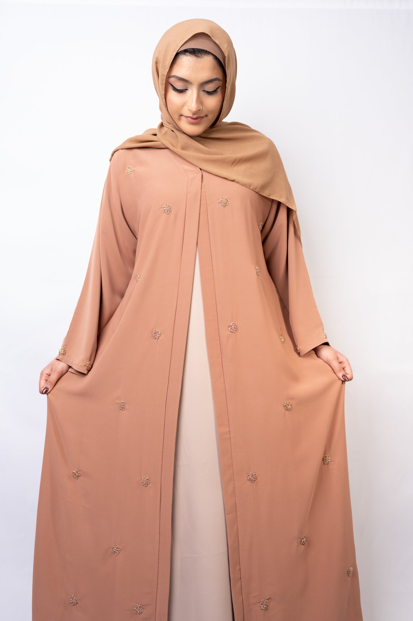 Serene Nude Abaya: Floral Crystal Embellished Edition