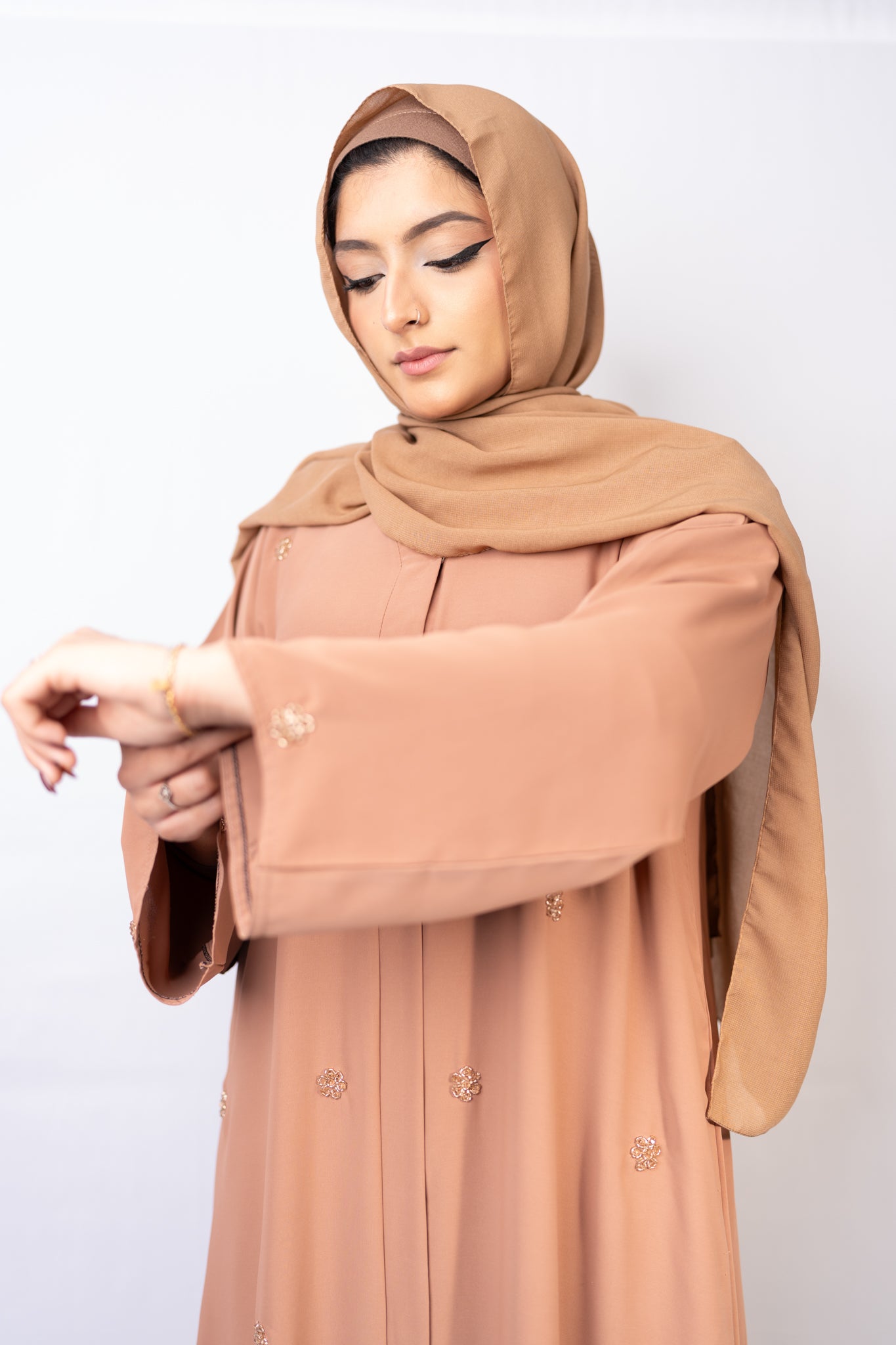 Serene Nude Abaya: Floral Crystal Embellished Edition