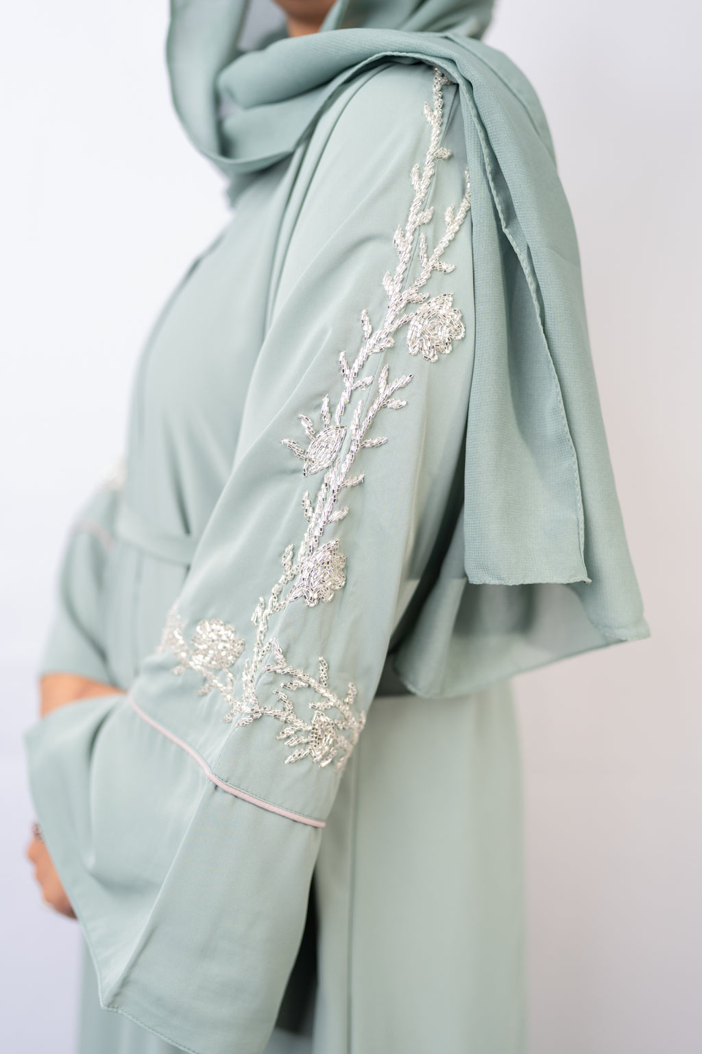 Refreshing Mint Sage Crystal Sleeve Abaya Set (3-Piece)