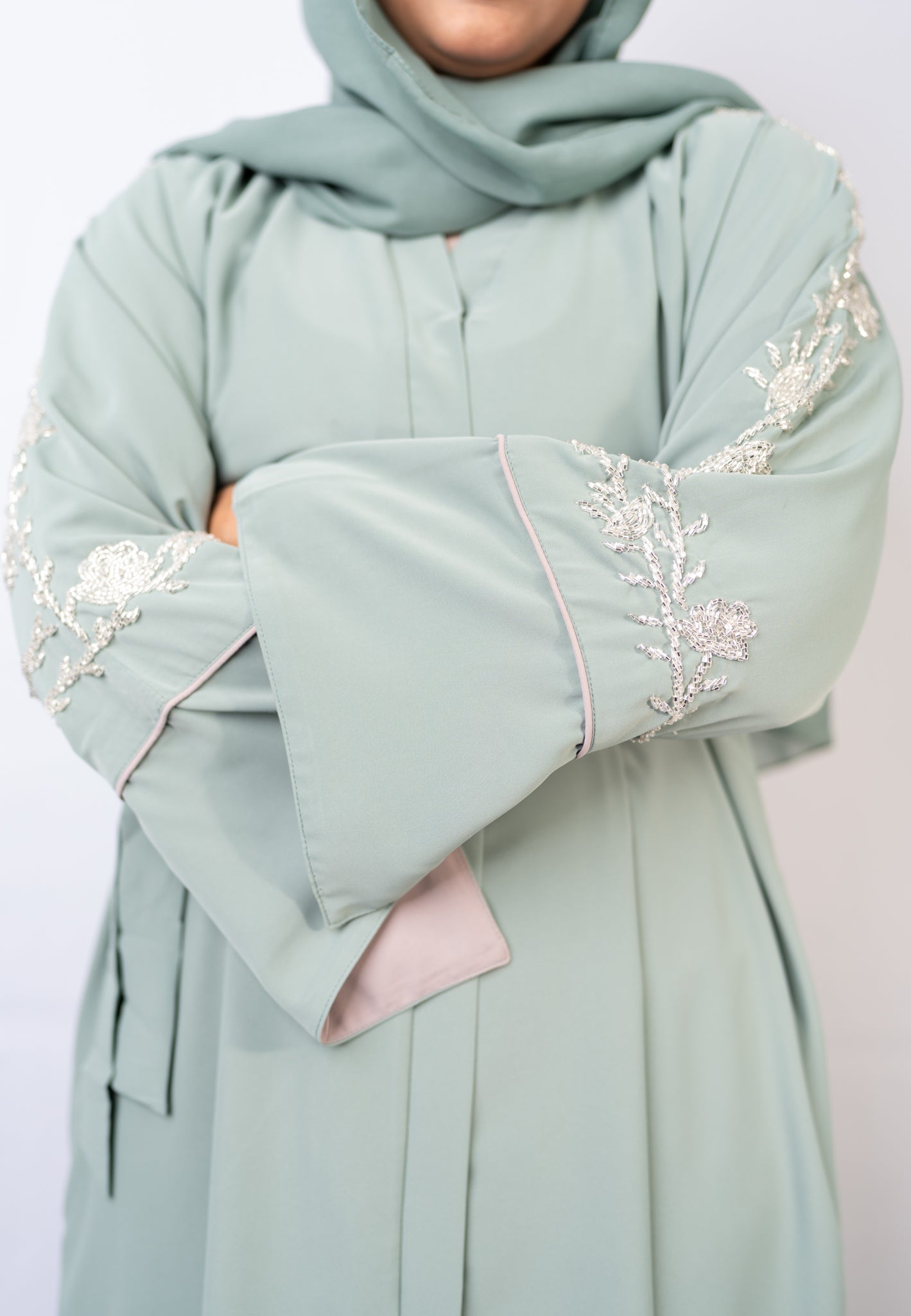 Refreshing Mint Sage Crystal Sleeve Abaya Set (3-Piece)
