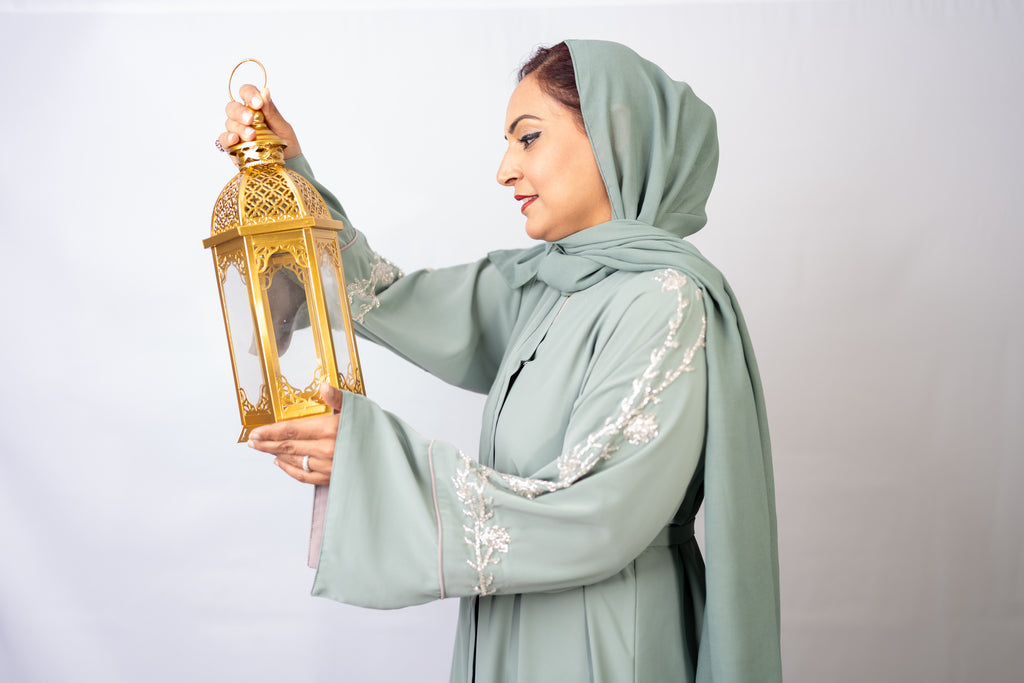 Refreshing Mint Sage Crystal Sleeve Abaya Set (3-Piece)