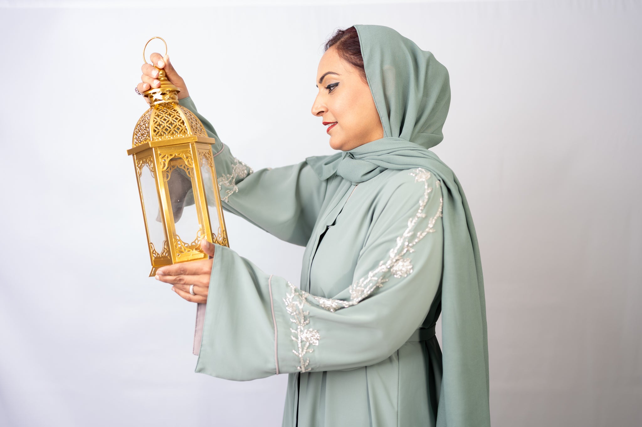 Refreshing Mint Sage Crystal Sleeve Abaya Set (3-Piece)