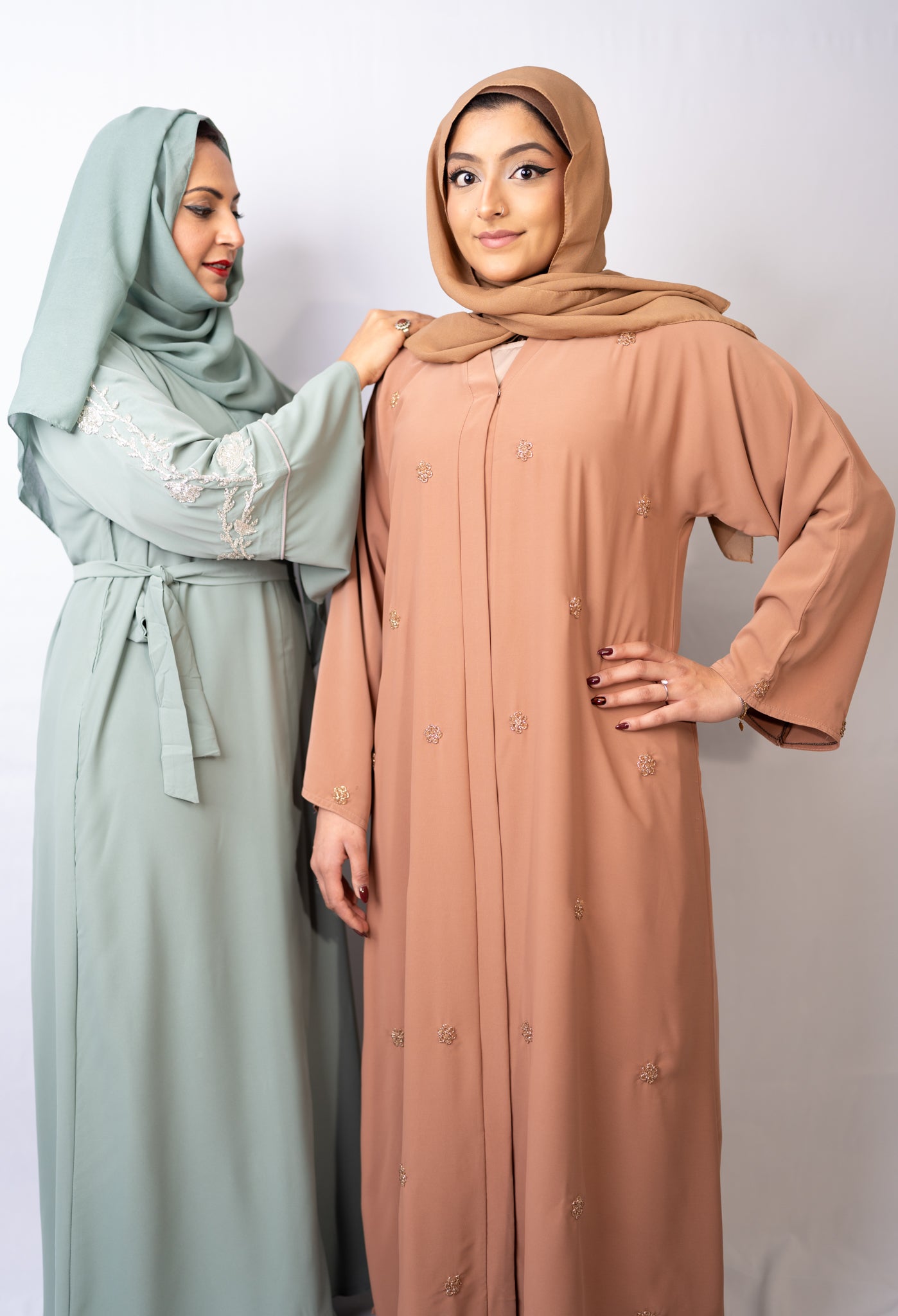 Refreshing Mint Sage Crystal Sleeve Abaya Set (3-Piece)