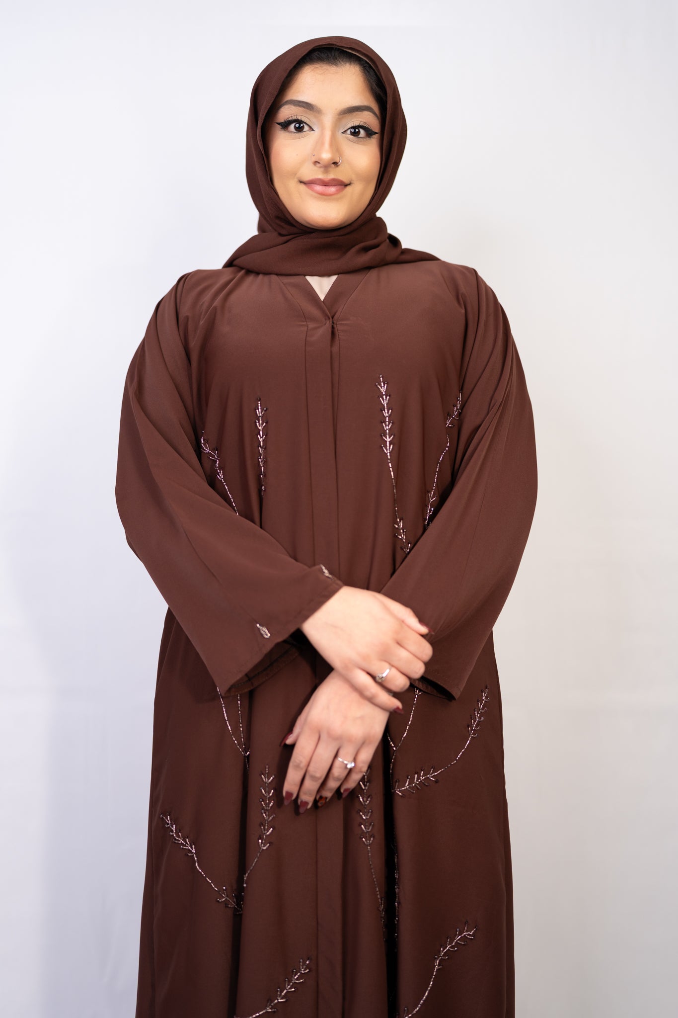 Chocolate Truffle Leafy Vine Abaya Set (3-Piece)