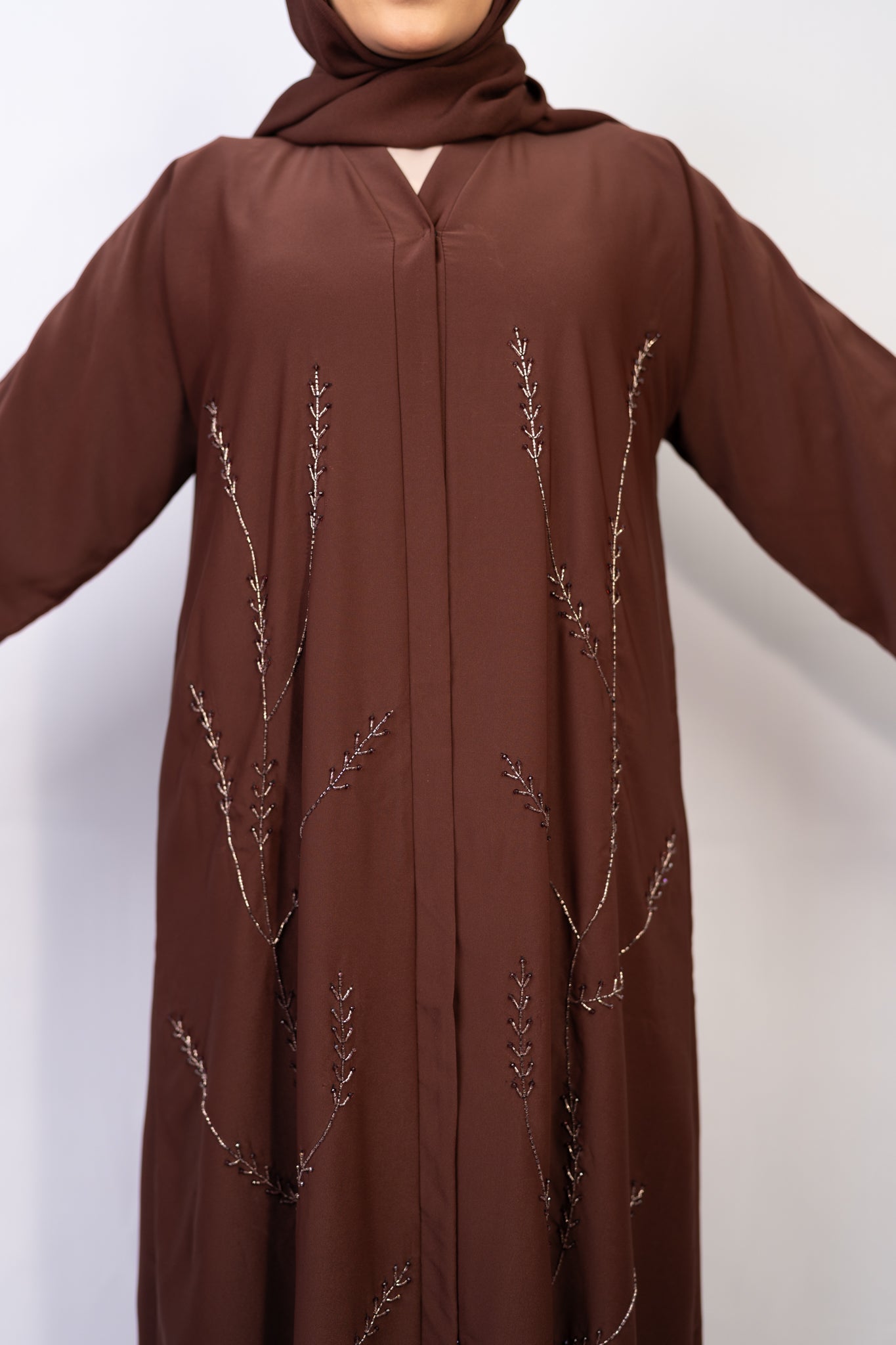 Chocolate Truffle Leafy Vine Abaya Set (3-Piece)