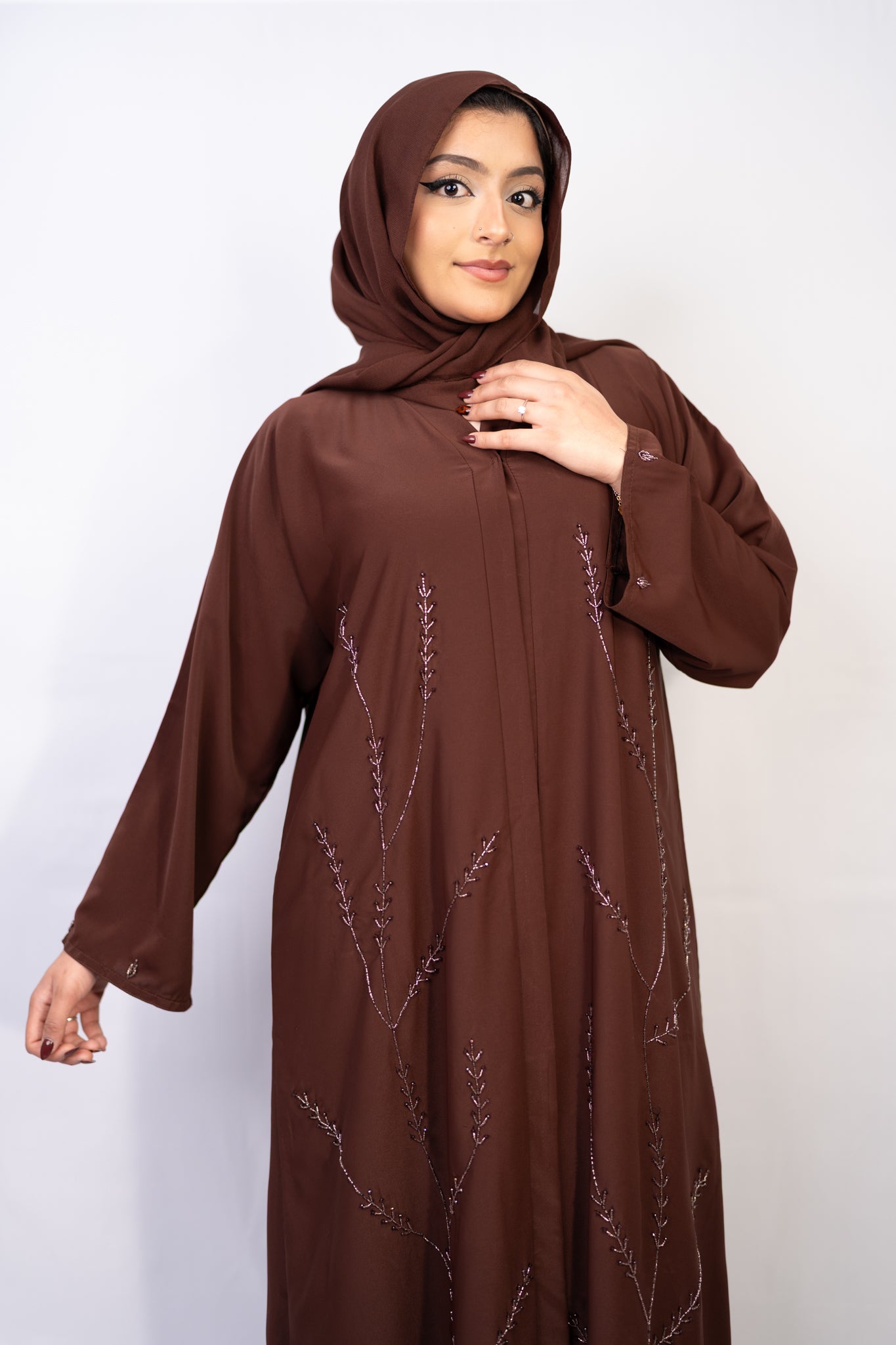 Chocolate Truffle Leafy Vine Abaya Set (3-Piece)