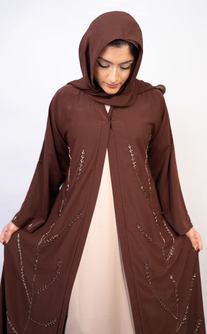 Chocolate Truffle Leafy Vine Abaya Set (3-Piece)