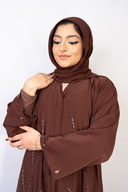 Chocolate Truffle Leafy Vine Abaya Set (3-Piece)