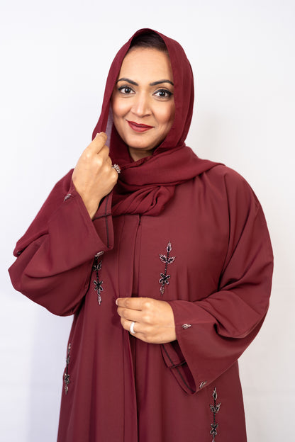 Maroon Majesty Leafy Embellished Abaya Set (3-Piece)