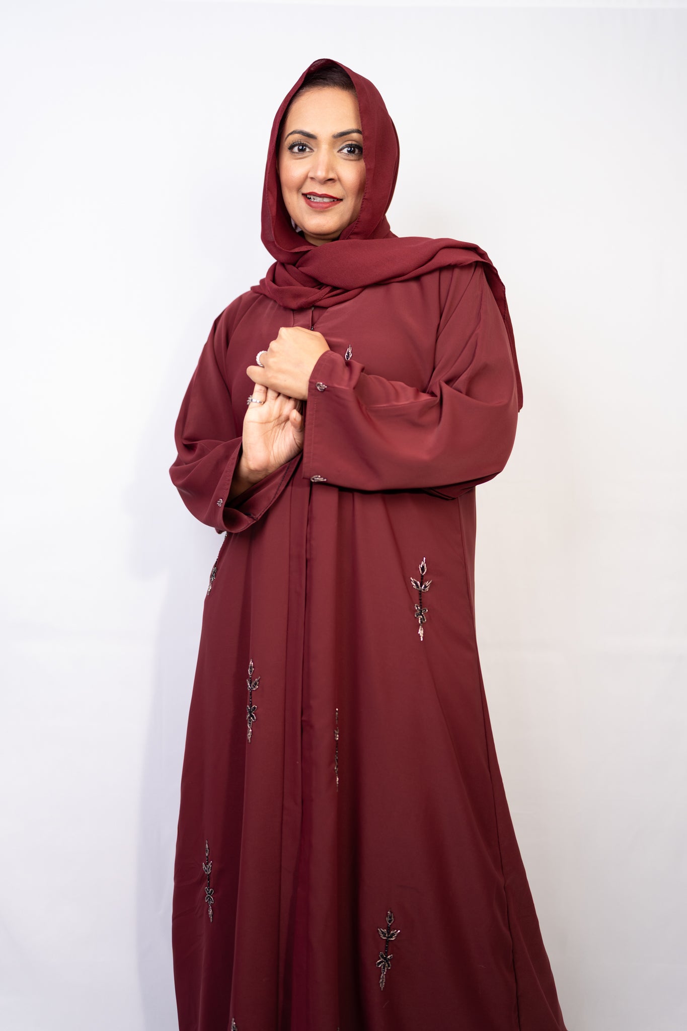 Maroon Majesty Leafy Embellished Abaya Set (3-Piece)