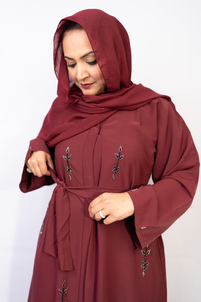 Maroon Majesty Leafy Embellished Abaya Set (3-Piece)