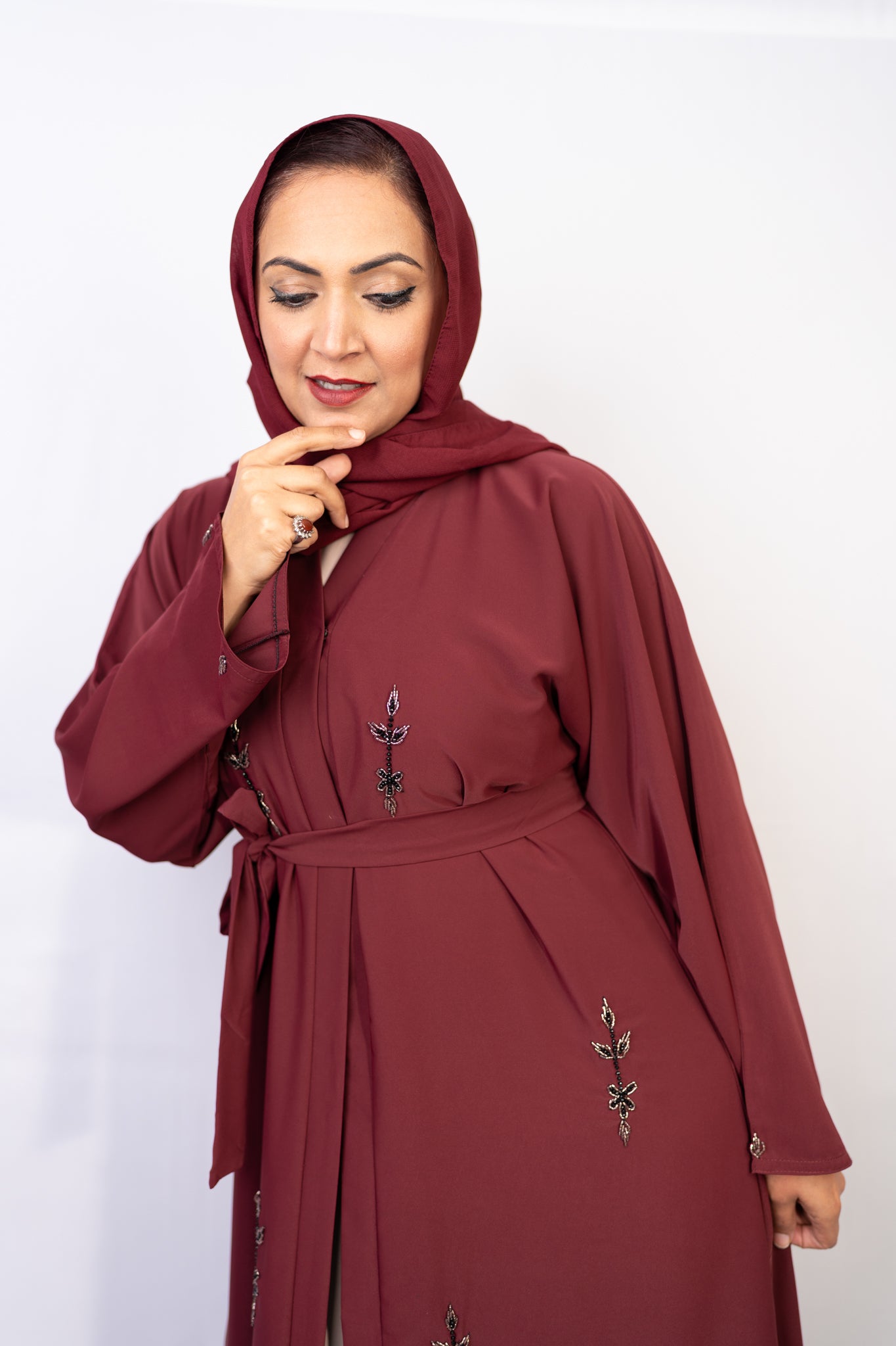 Maroon Majesty Leafy Embellished Abaya Set (3-Piece)