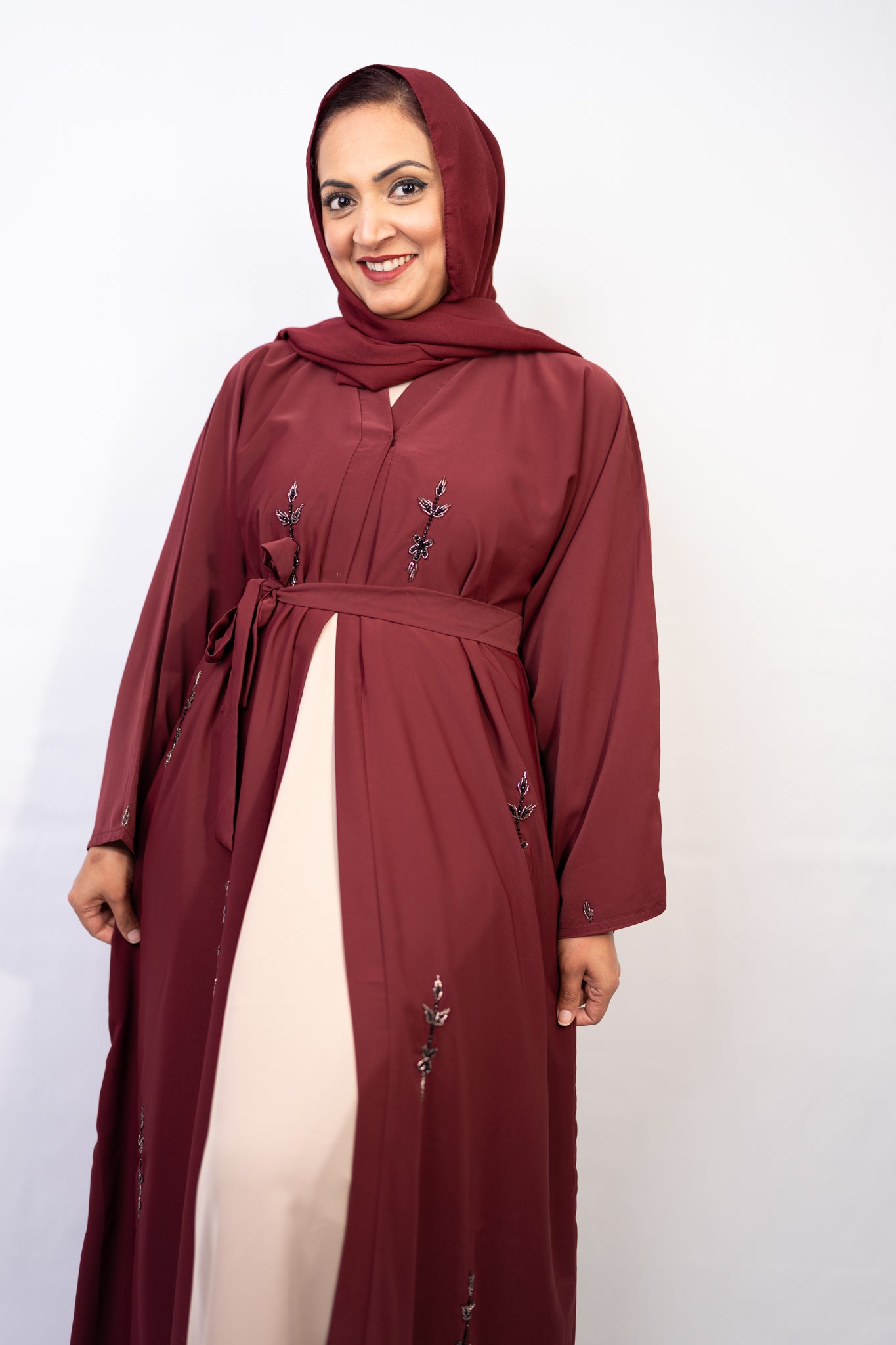 Maroon Majesty Leafy Embellished Abaya Set (3-Piece)