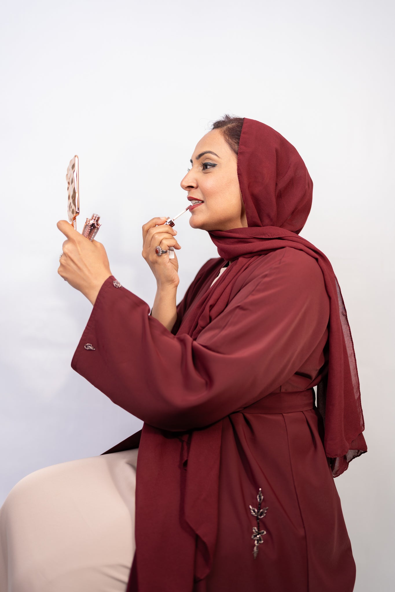 Maroon Majesty Leafy Embellished Abaya Set (3-Piece)