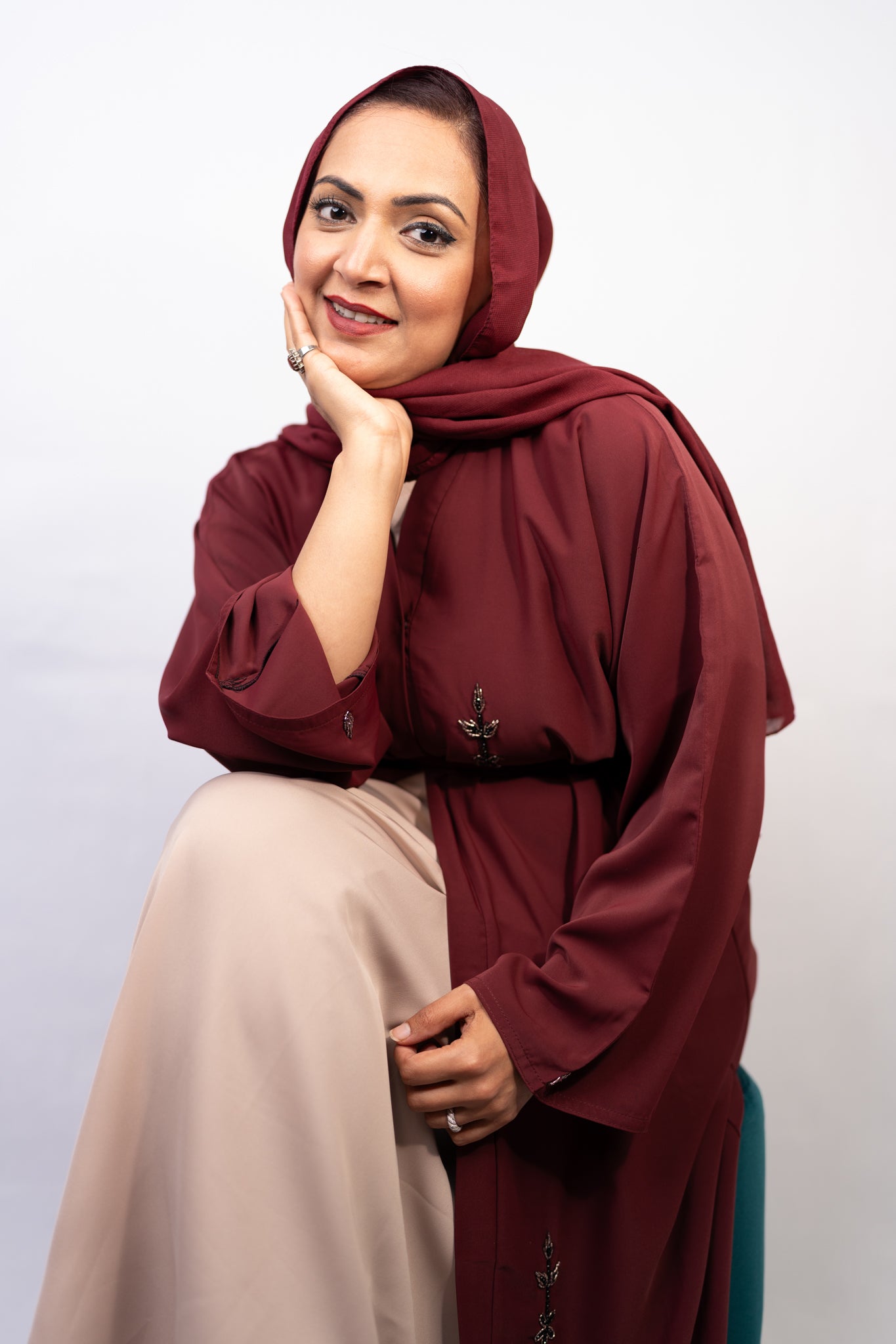 Maroon Majesty Leafy Embellished Abaya Set (3-Piece)