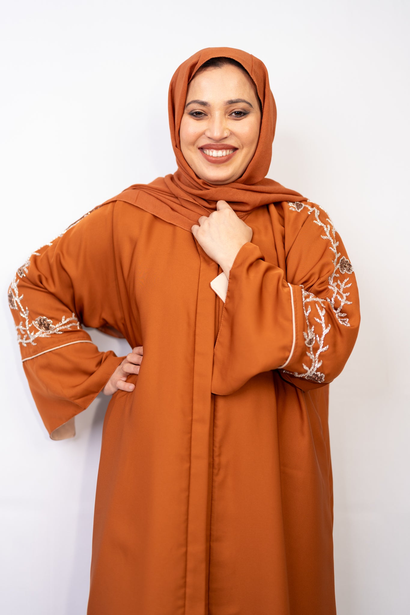 Burnt Orange Crystal Sleeve Abaya Set (3-Piece)