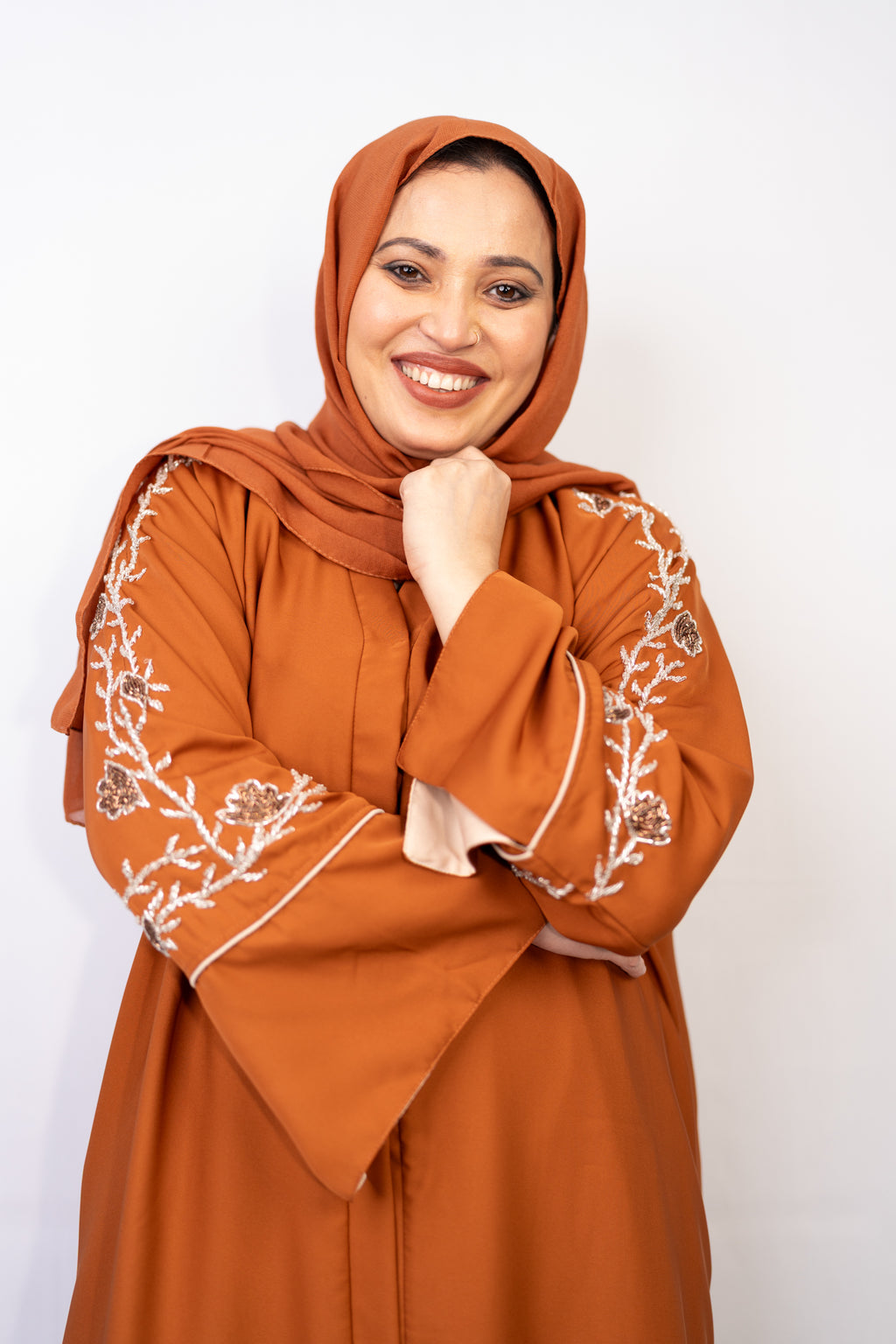 Burnt Orange Crystal Sleeve Abaya Set (3-Piece)