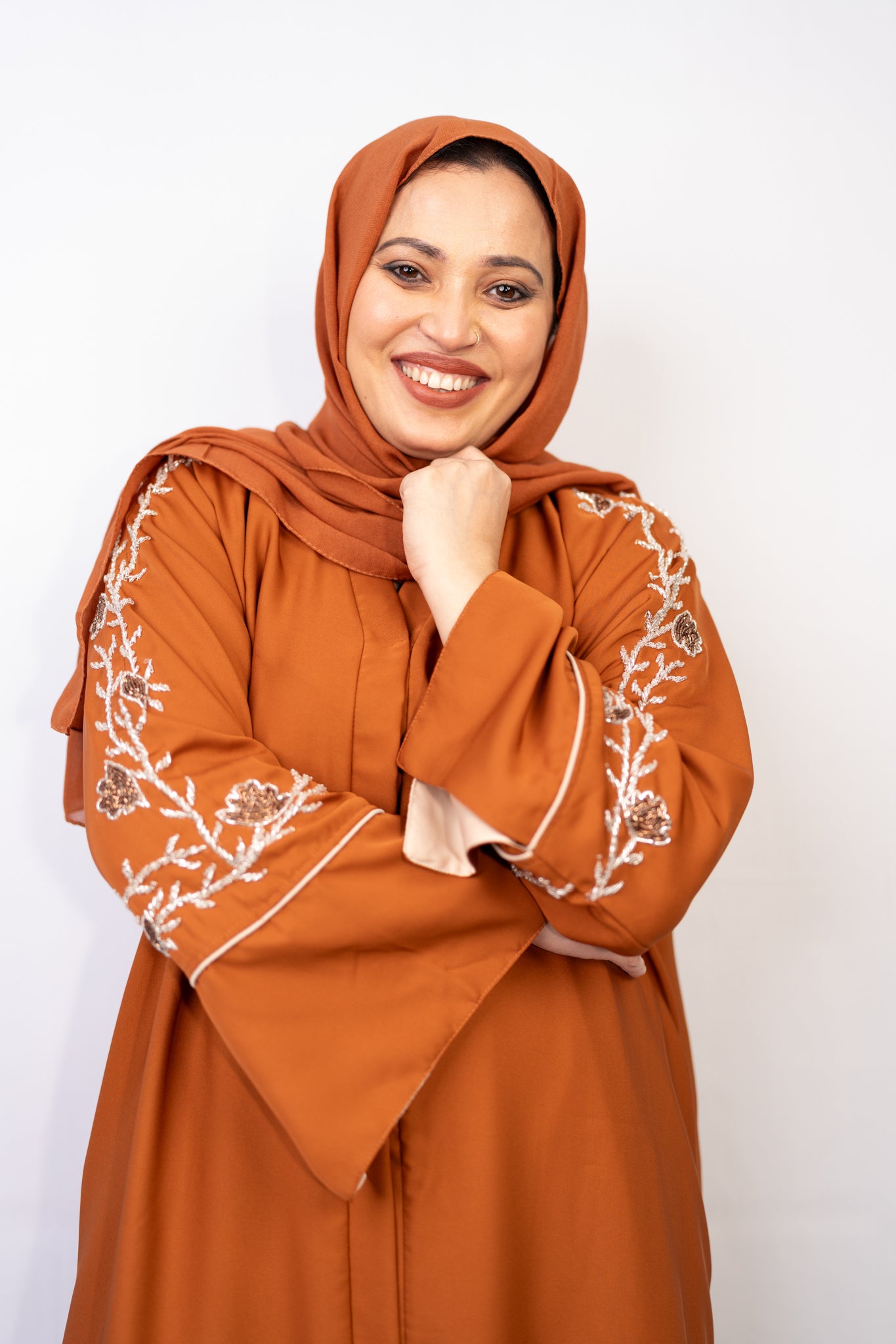 Burnt Orange Crystal Sleeve Abaya Set (3-Piece)
