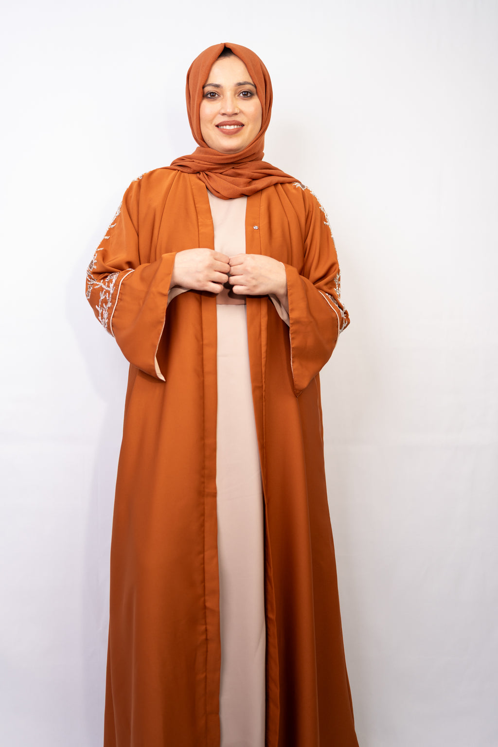 Burnt Orange Crystal Sleeve Abaya Set (3-Piece)