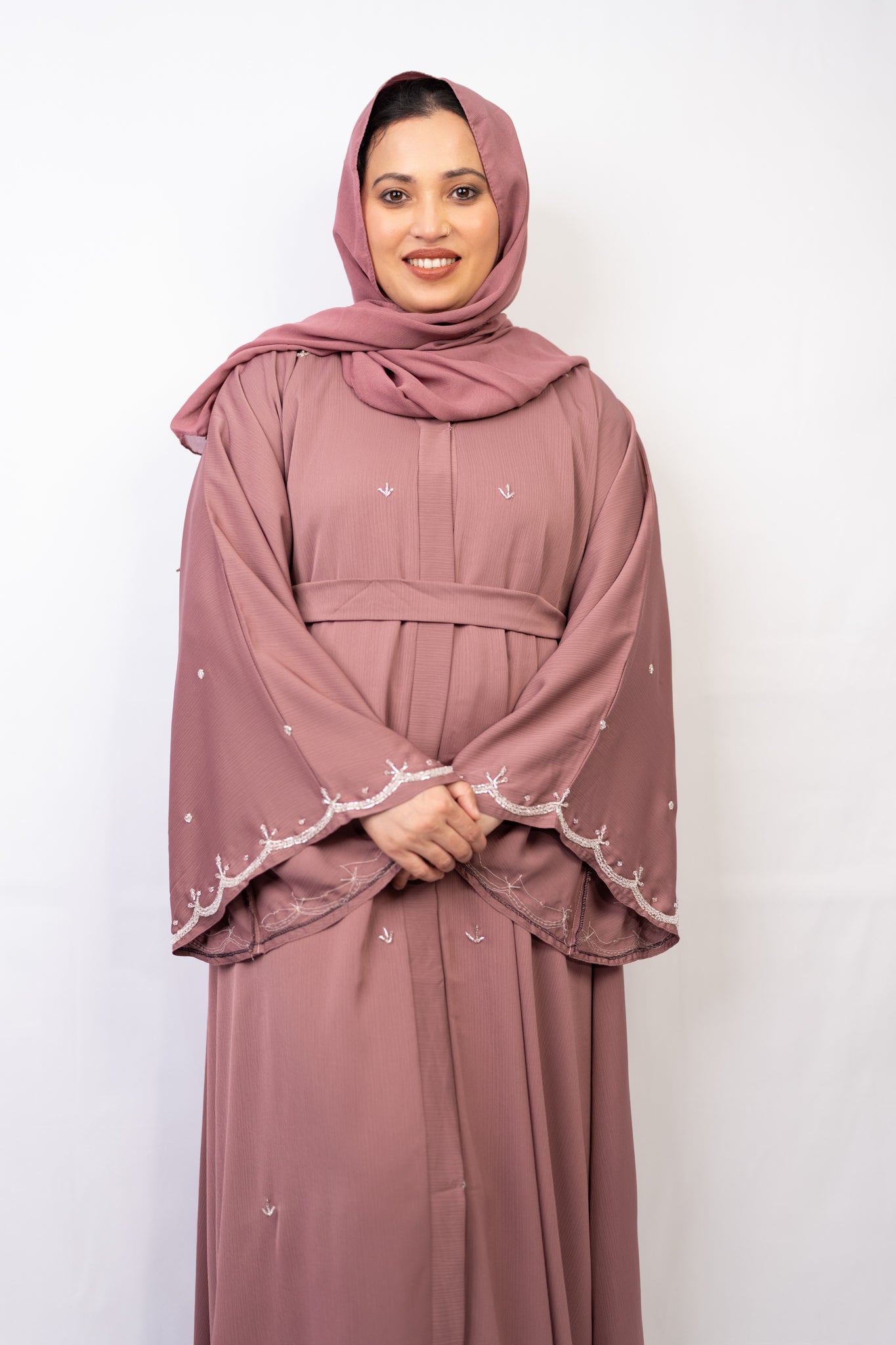 Mauve Umbrella-Cut Embellished Abaya Set (3-Piece)