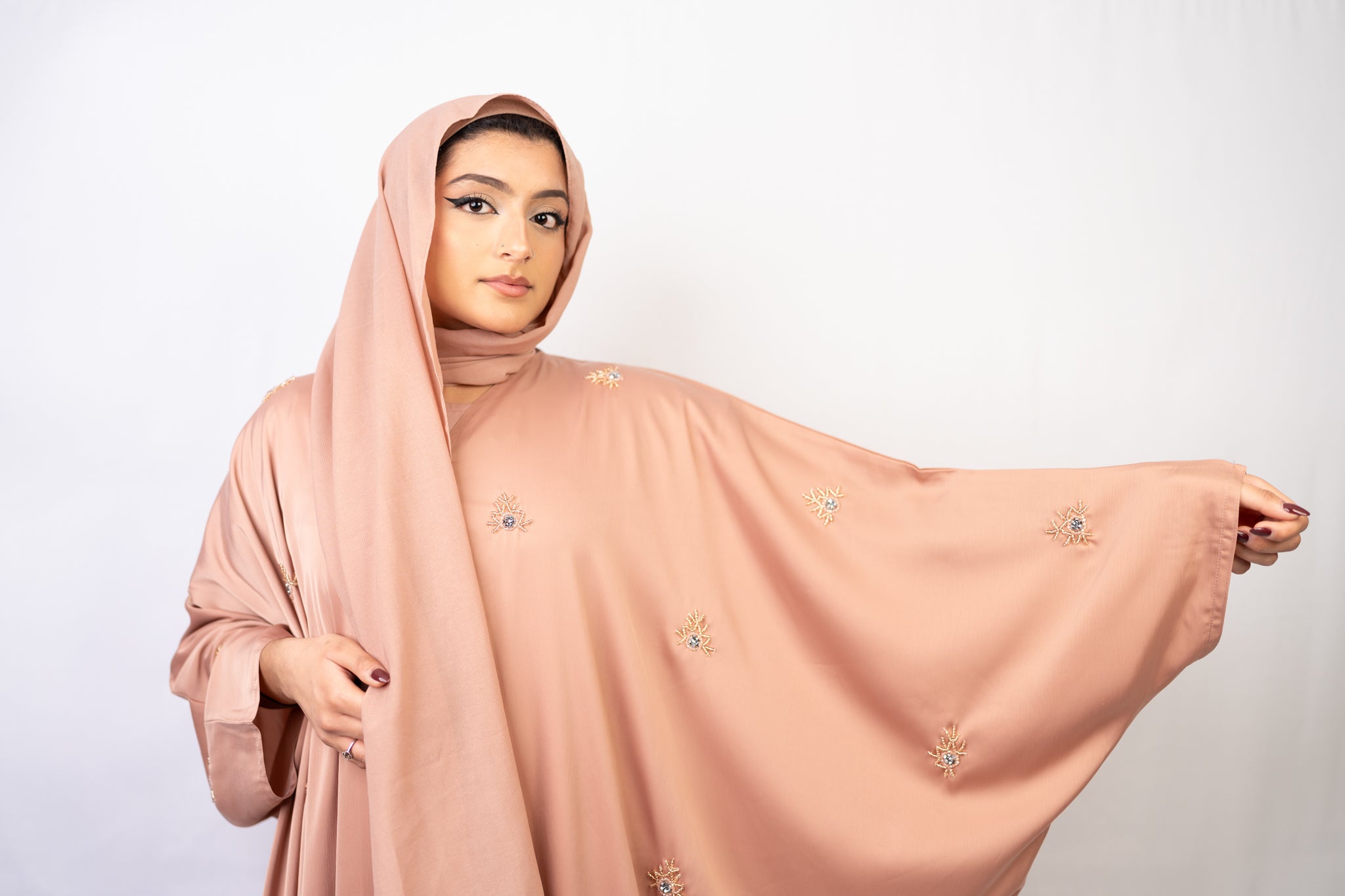 Nude Beige Farasha-Style Flowy Abaya Set (3-Piece)