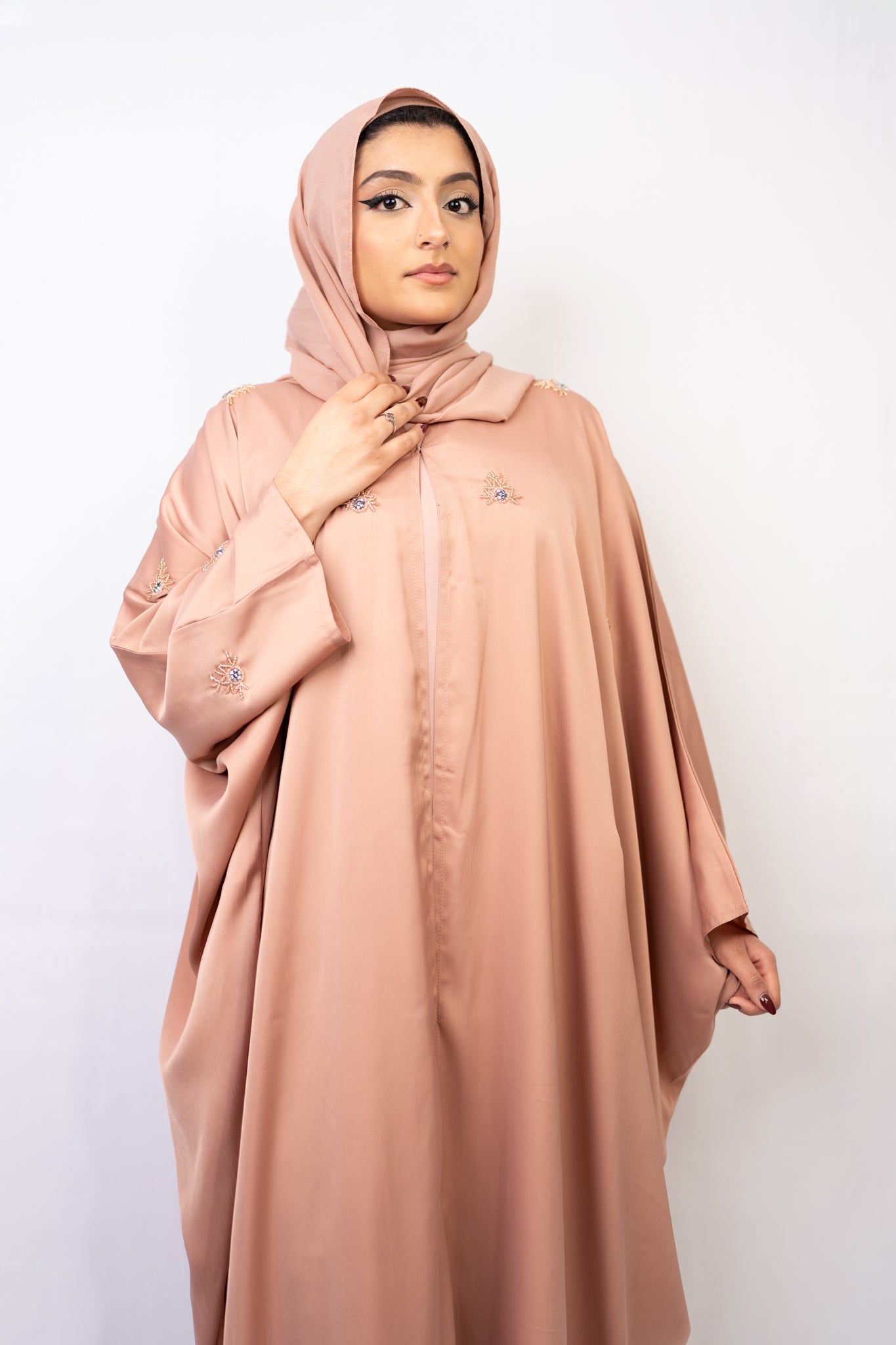 Nude Beige Farasha-Style Flowy Abaya Set (3-Piece)