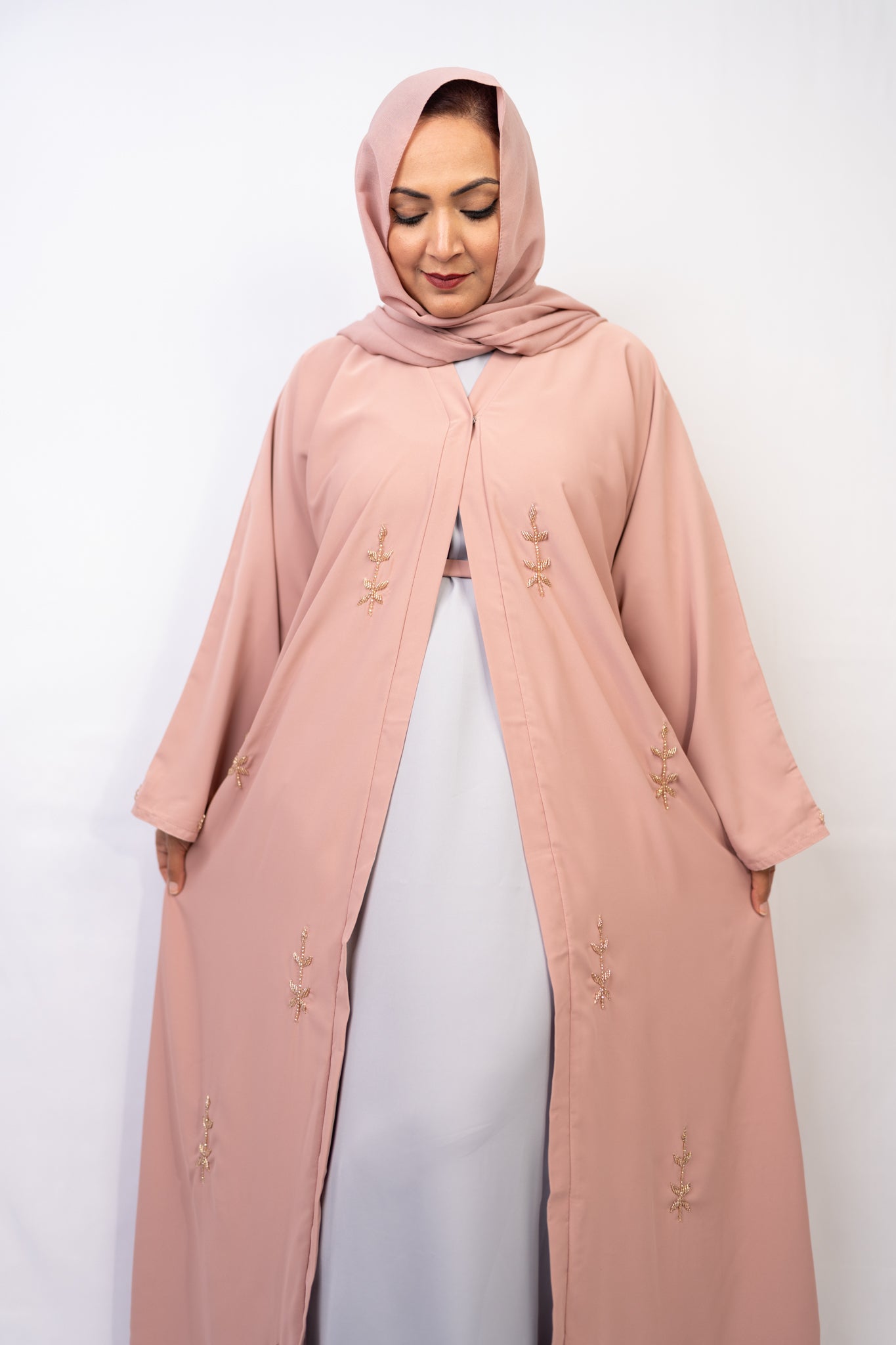 Blush Rose Leafy Embellished Abaya Set (3-Piece)